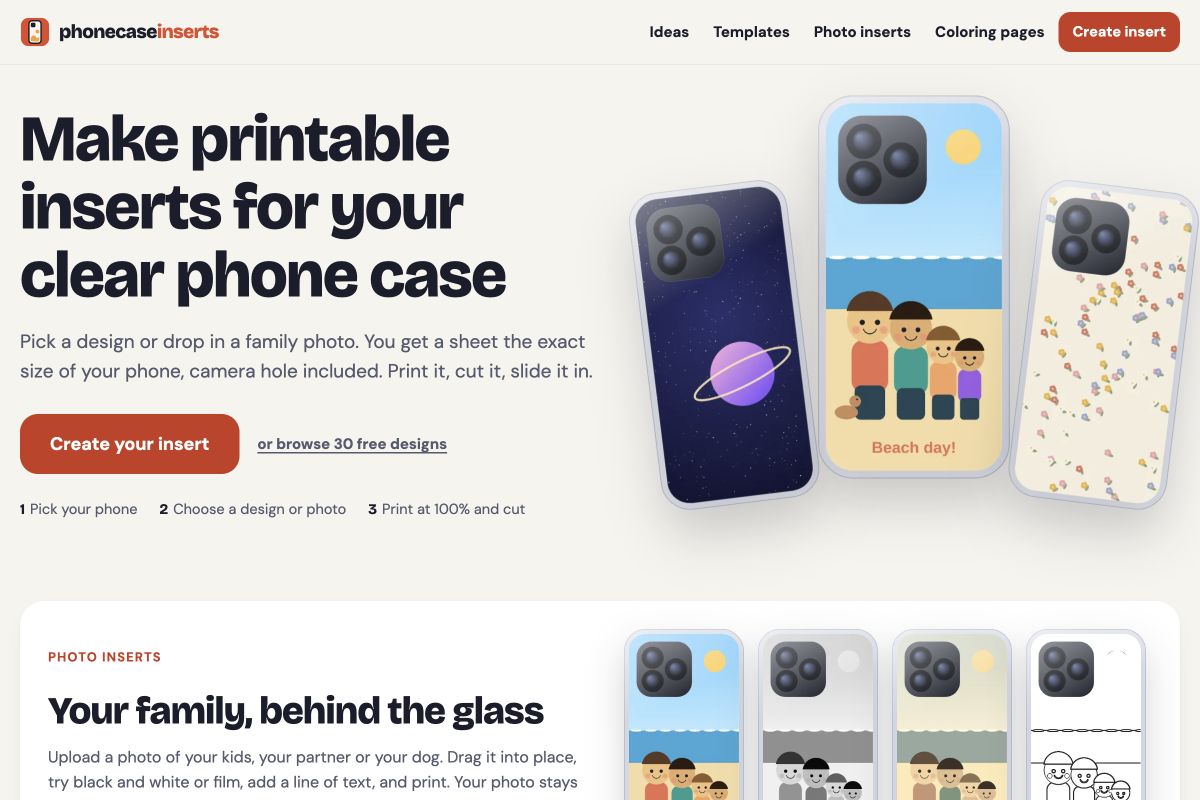 PhoneCaseInserts — design and print a photo insert for a clear phone case